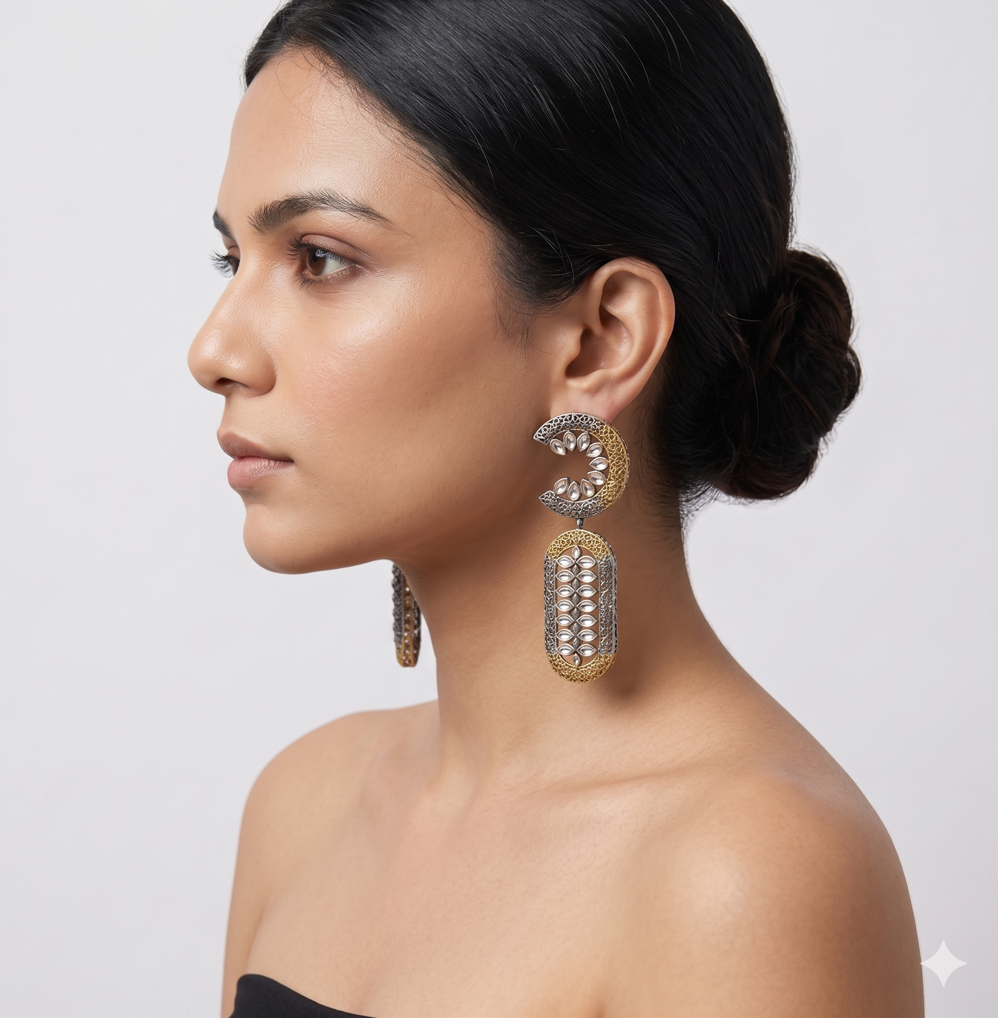 Antique Dual-Tone Crescent Moon & Filigree Drop Earrings