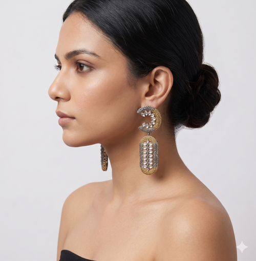 Antique Dual-Tone Crescent Moon & Filigree Drop Earrings
