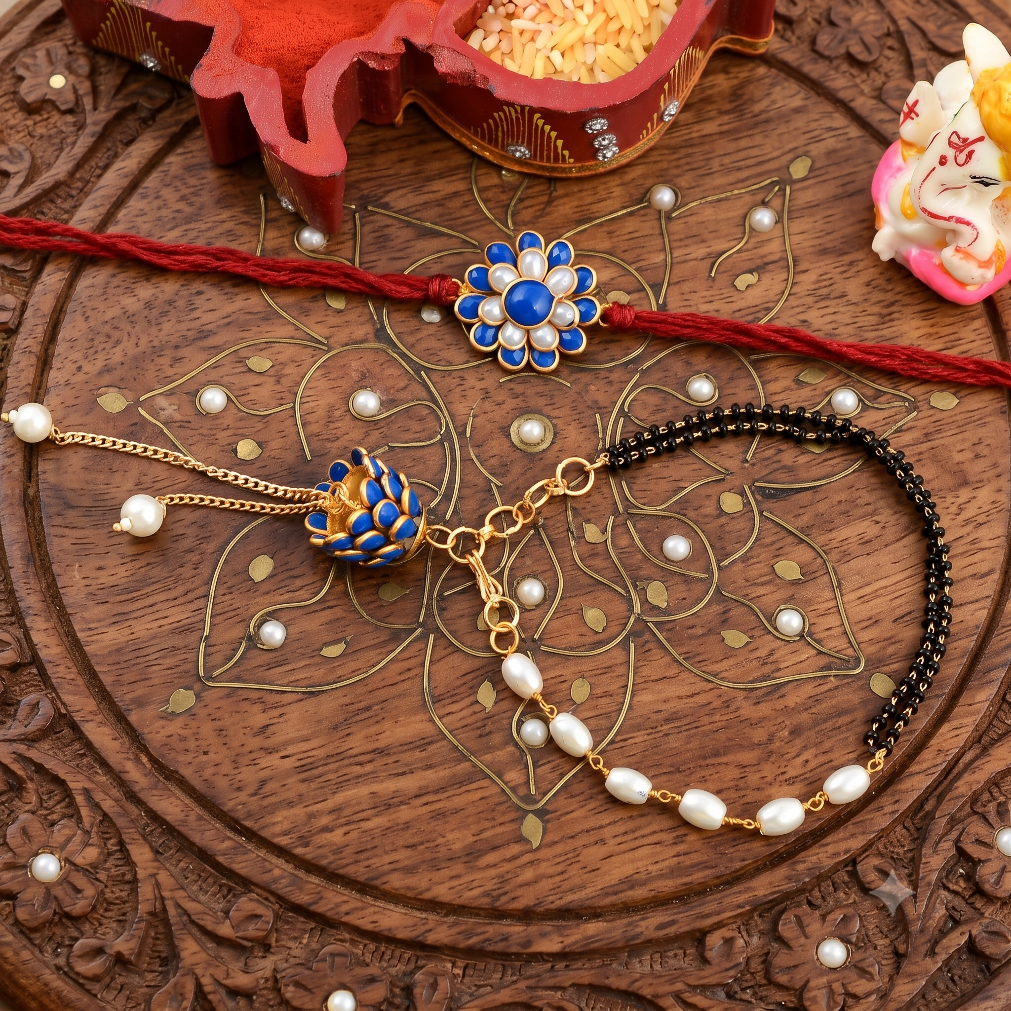 Designer Blue Floral Rakhi & Matching Lumba Bracelet Set (Pack of 2)
