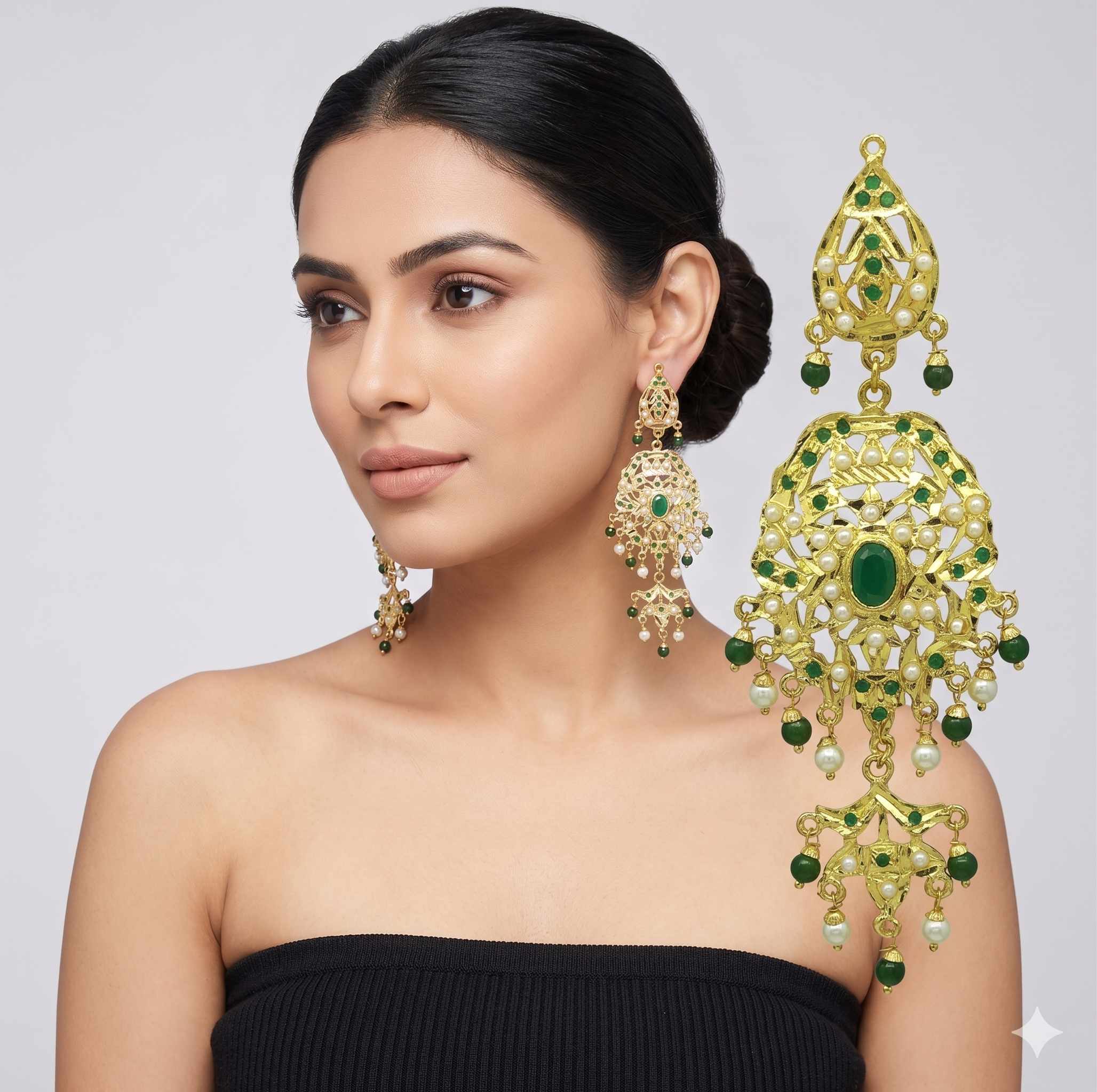 Traditional Gold-Finished Chandbali Earrings with Green Stones and Pearl Droplets