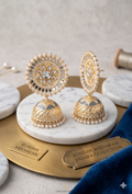 Elegant Gold-Plated Kundan Jhumkas with Pearl Accents and Mirror Work