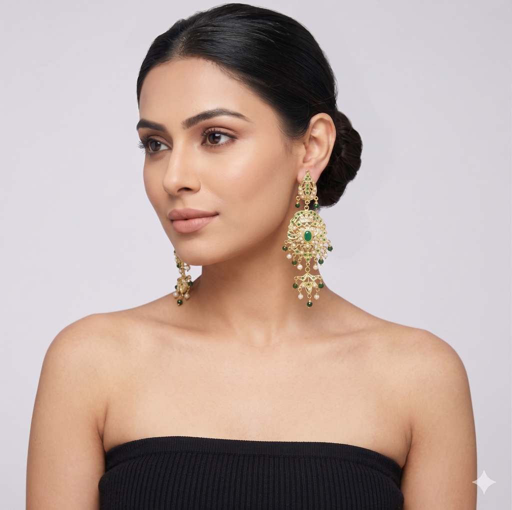 Traditional Gold-Finished Chandbali Earrings with Green Stones and Pearl Droplets