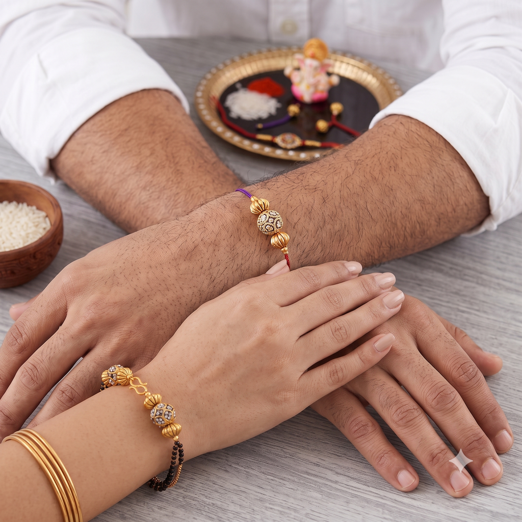 Elegant Rakhi & Lumba Set for Bhaiya Bhabhi – Designer Gold Bracelet & Thread Rakhi Combo