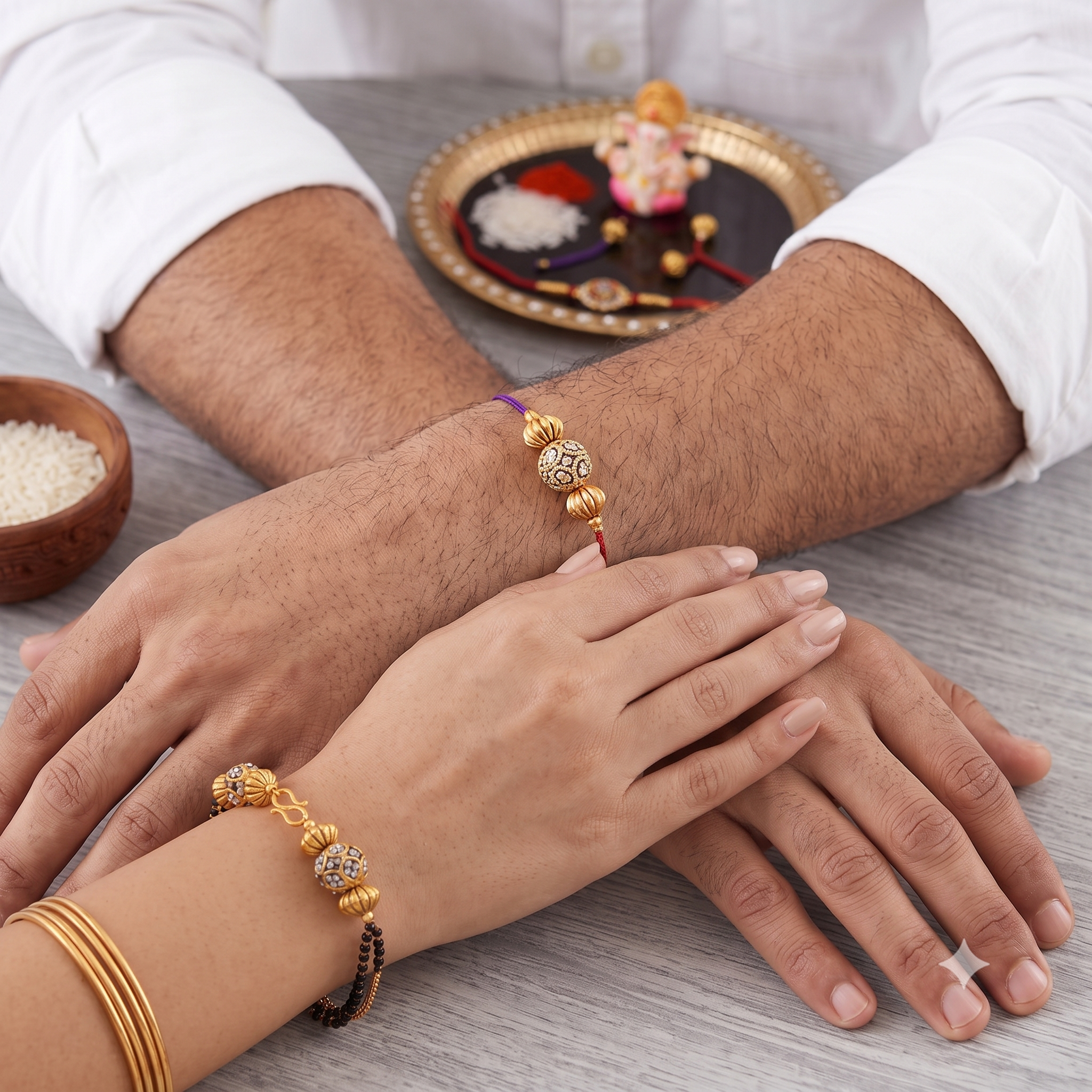 Elegant Rakhi & Lumba Set for Bhaiya Bhabhi – Designer Gold Bracelet & Thread Rakhi Combo