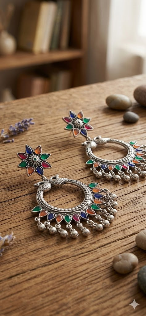 Vintage Oxidized Silver Peacock Hoop Earrings – Festive Multicolor Jhumka Style
