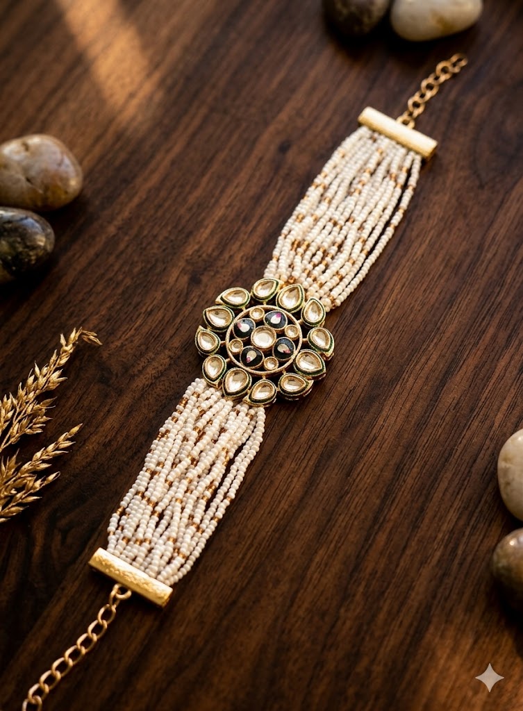 Aahana Kundan & Multi-Strand Pearl Bracelet | Traditional Meenakari Cuff