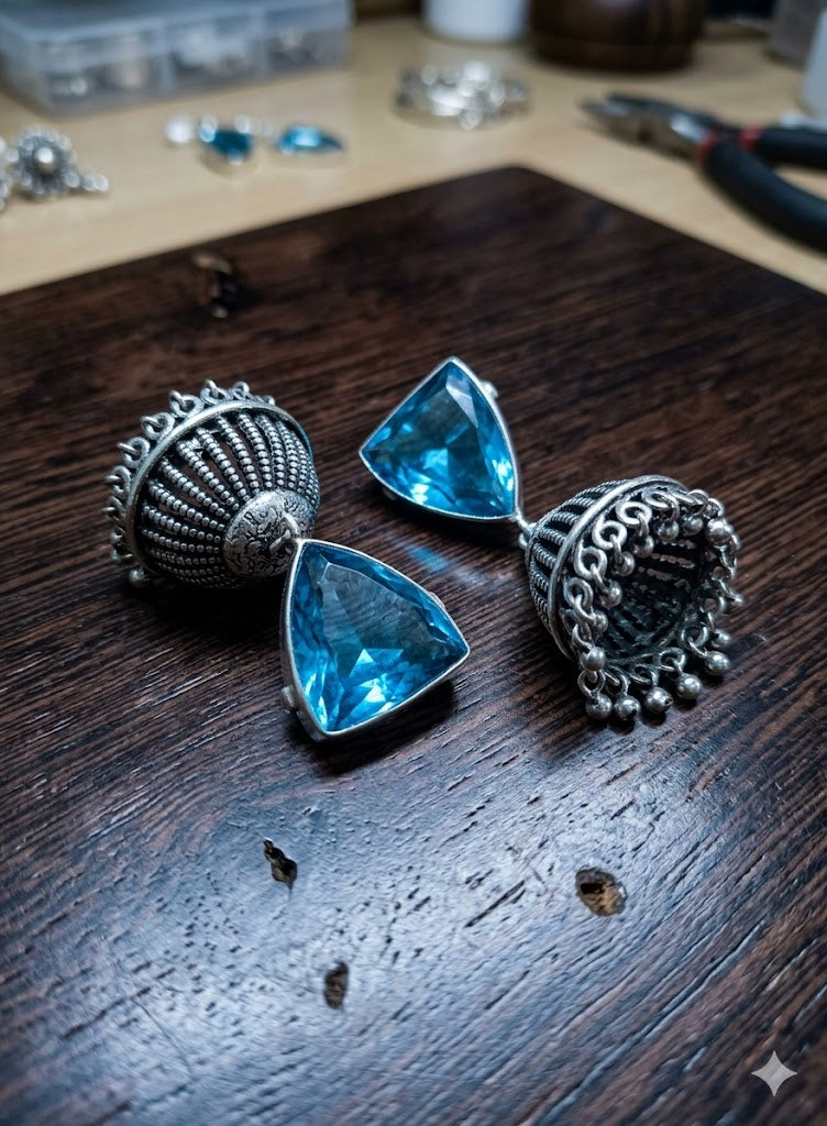 Ocean Blue Trillion Cut Crystal Jhumka Earrings