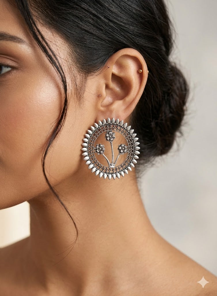 Oxidized Silver Floral Mandala Statement Earrings