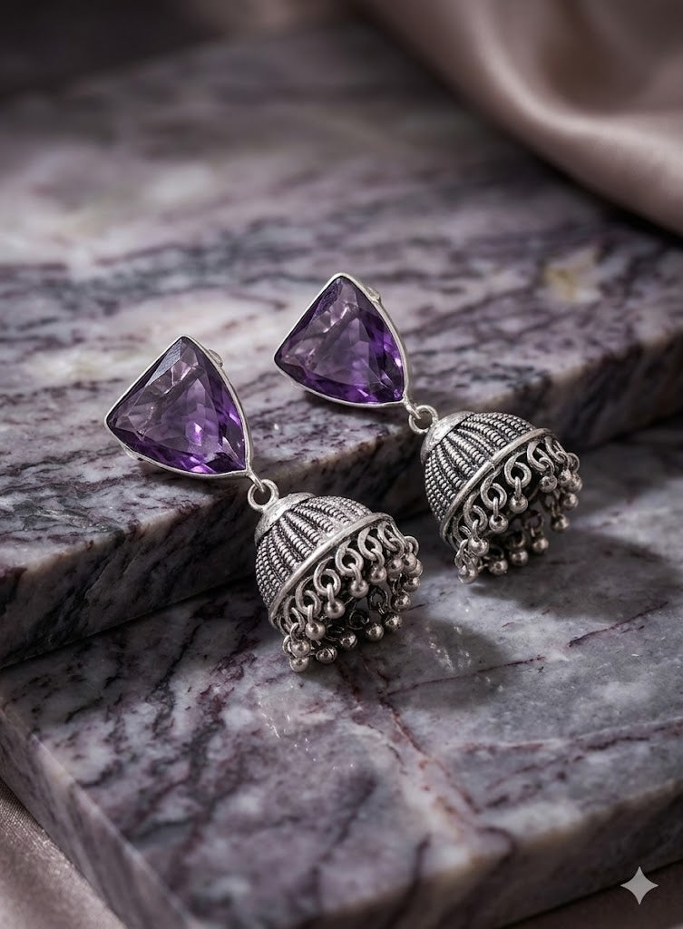 Handcrafted Silver Amethyst Jhumka Earrings – Oxidized Statement Danglers