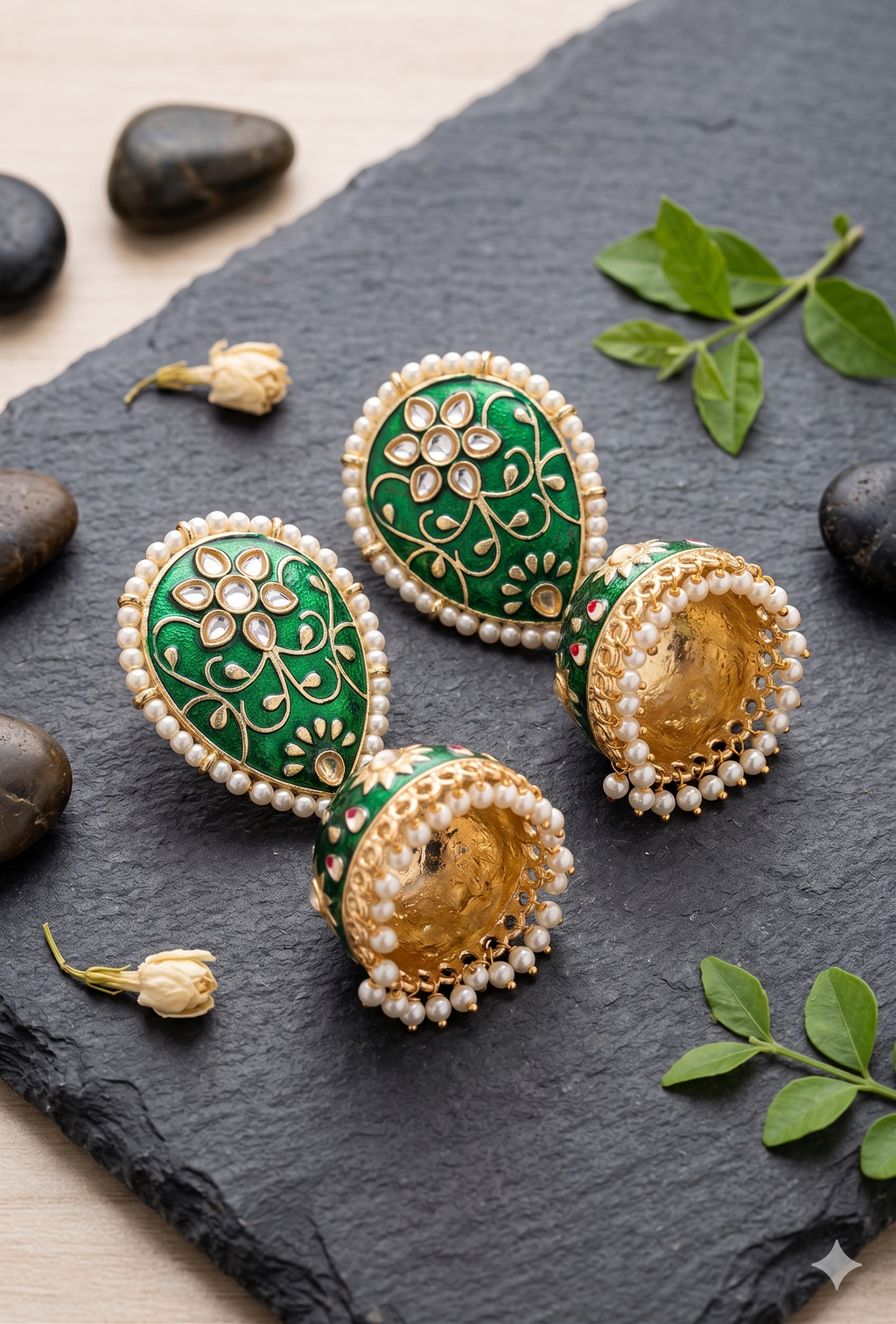 Traditional Indian Green Jhumka Earrings – Gold Plated Pearl Drop Jewelry