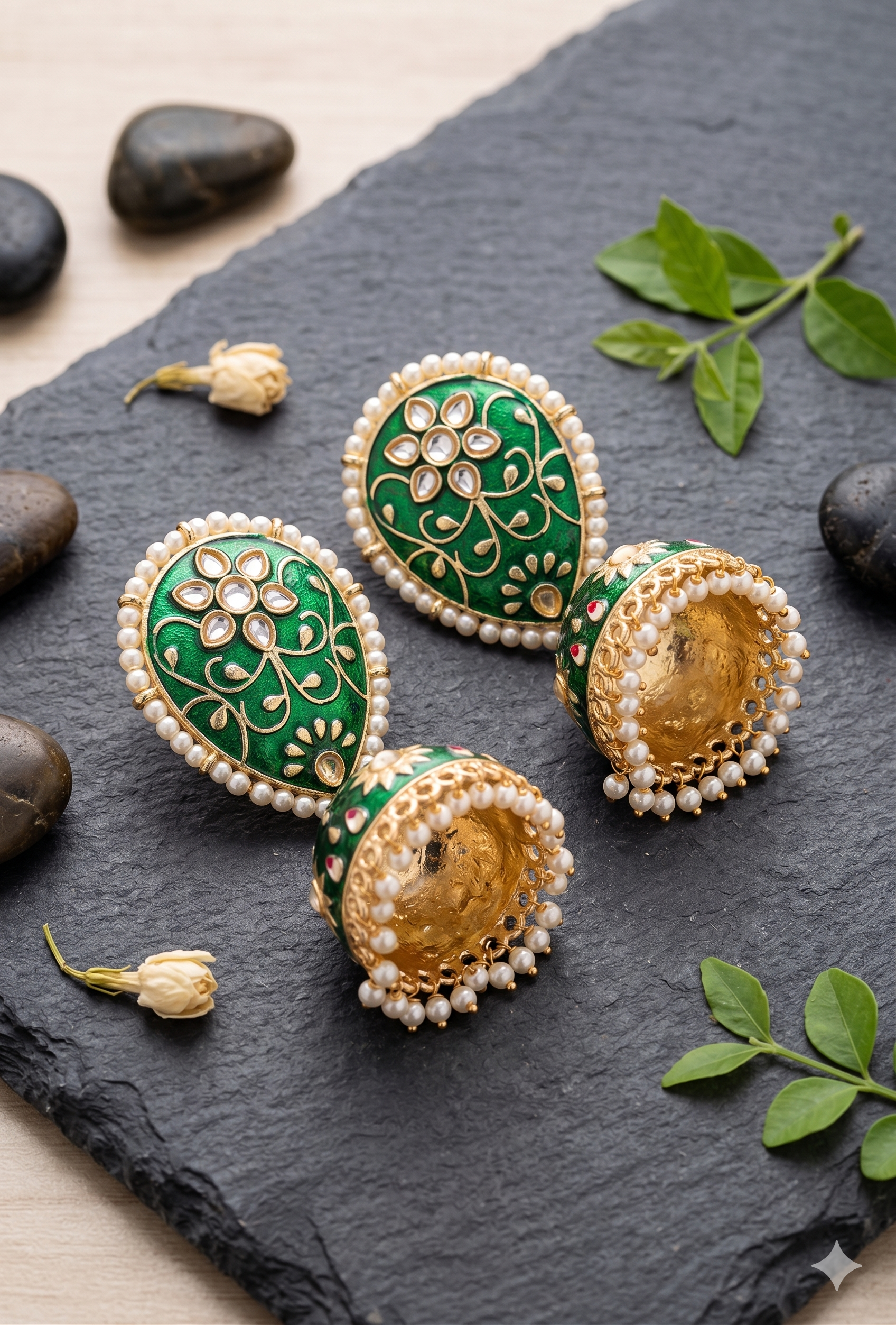 Traditional Indian Green Jhumka Earrings – Gold Plated Pearl Drop Jewelry