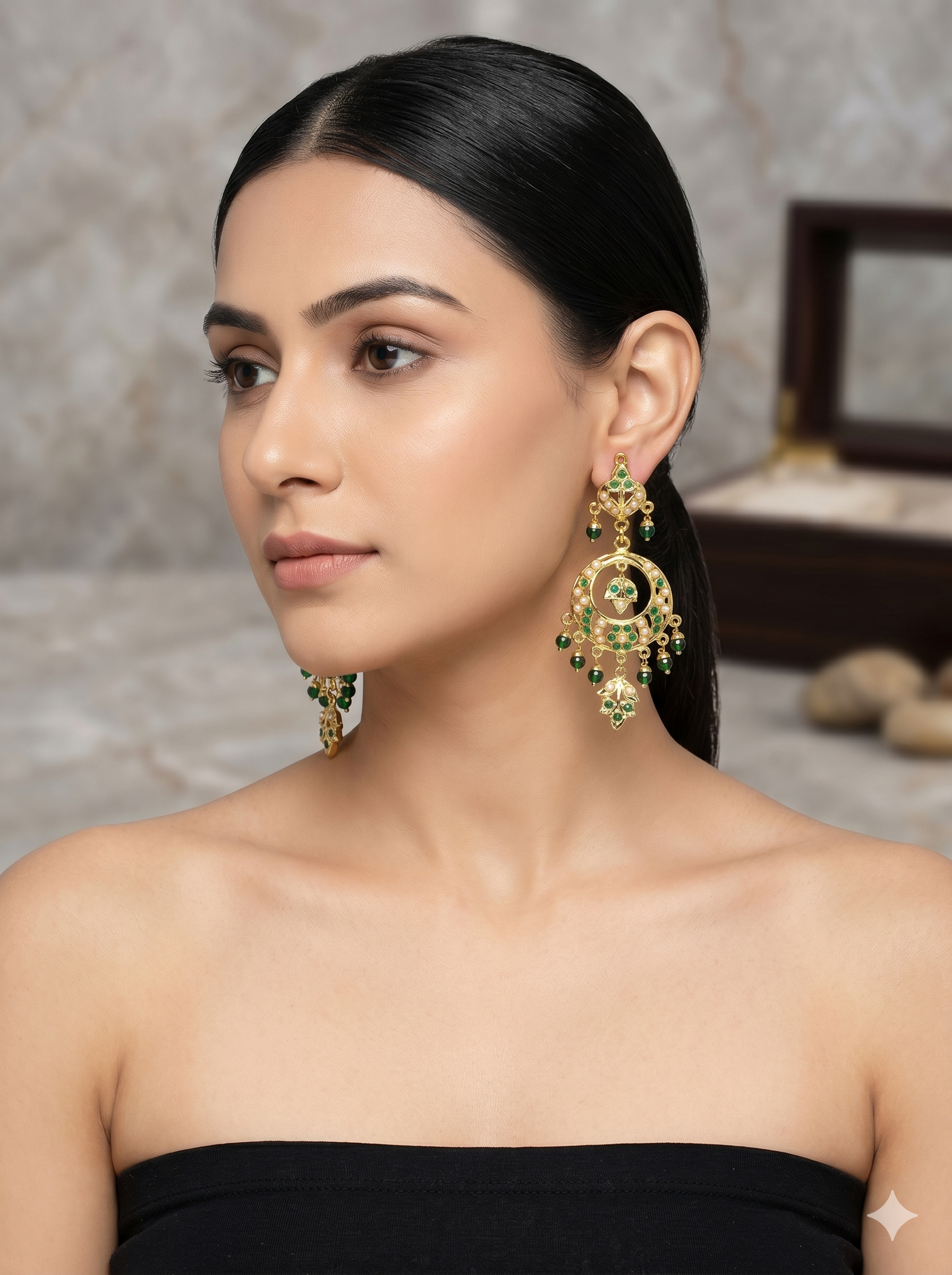 Emerald & Pearl Gold Chandbali Earrings - Traditional Kundan Inspired Dangles