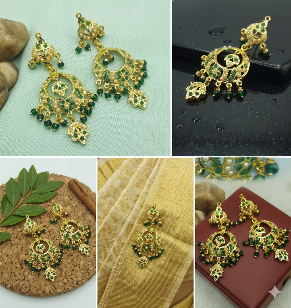 Emerald & Pearl Gold Chandbali Earrings - Traditional Kundan Inspired Dangles