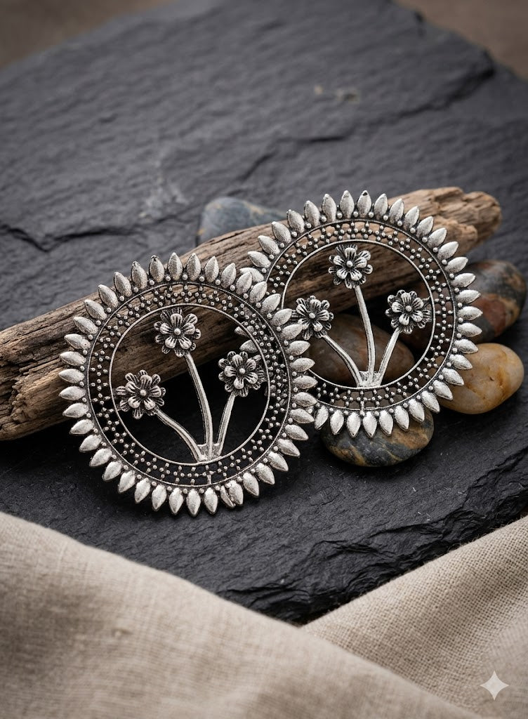 Oxidized Silver Floral Mandala Statement Earrings