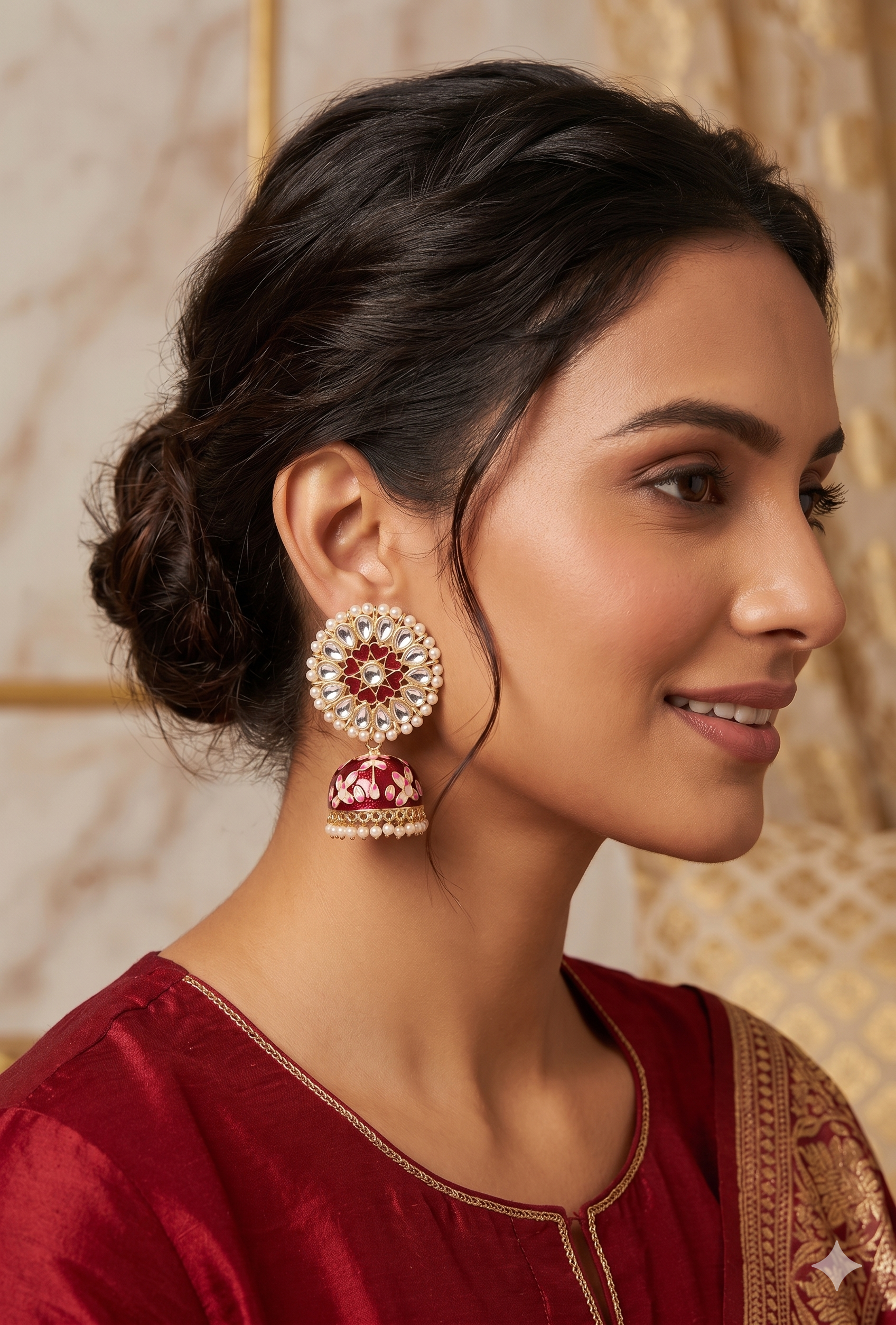 Abhaah Timeless Elegance – Red Meenakari & Pearl Jhumka Earrings