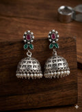 Traditional Oxidised Silver Jhumka Earrings with Script Detailing