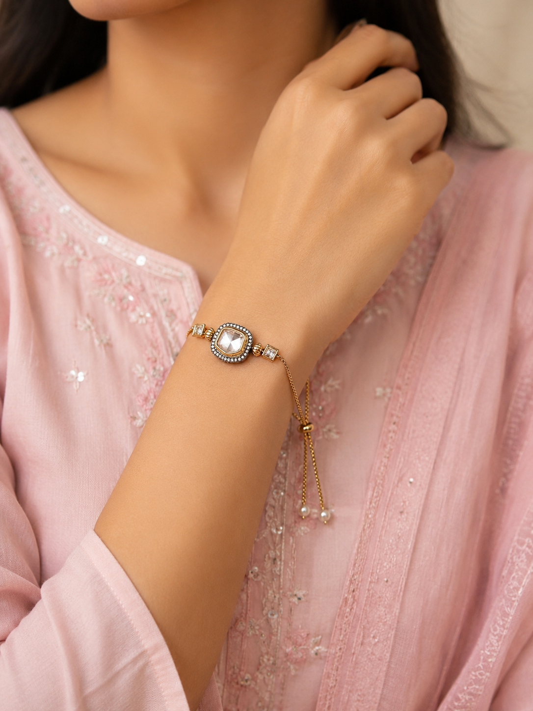 Premium Bhaiya Bhabhi Rakhi Set with Mirror Kundan Stone | Gold-Tone Adjustable Rakhi & Lumba Bracelet | Traditional Raksha Bandhan Gift