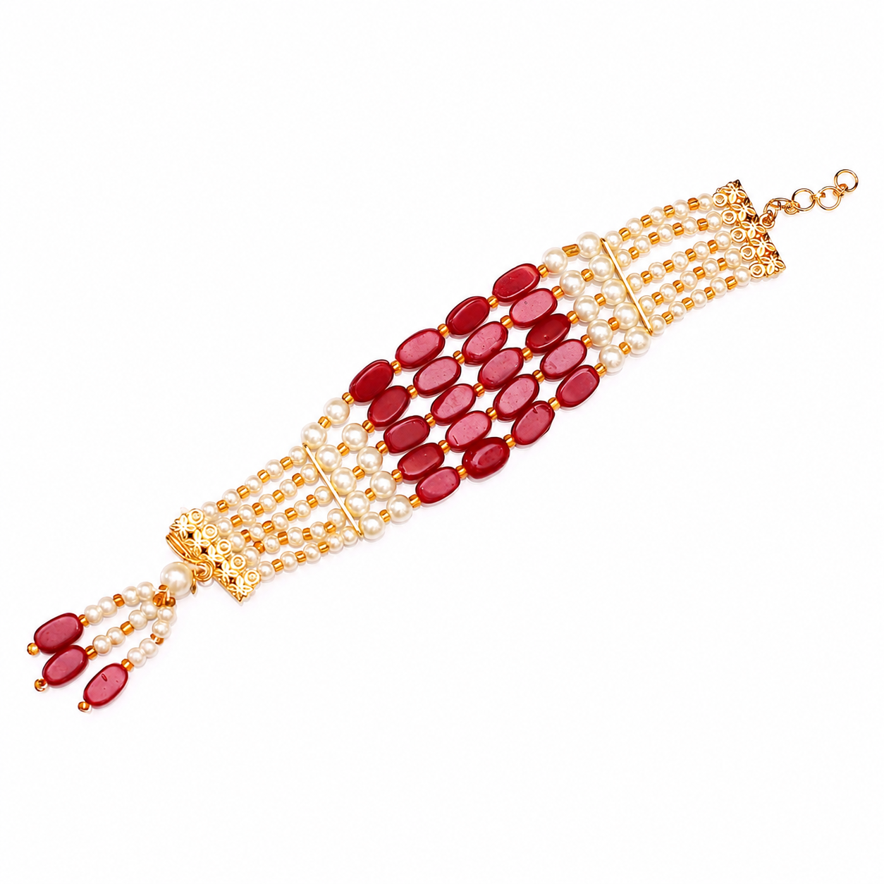Traditional Red Beaded Pearl Adjustable Bracelet for Women | Handmade Ethnic Gold-Tone Multi-Strand Bracelet | Festive & Wedding Jewelry