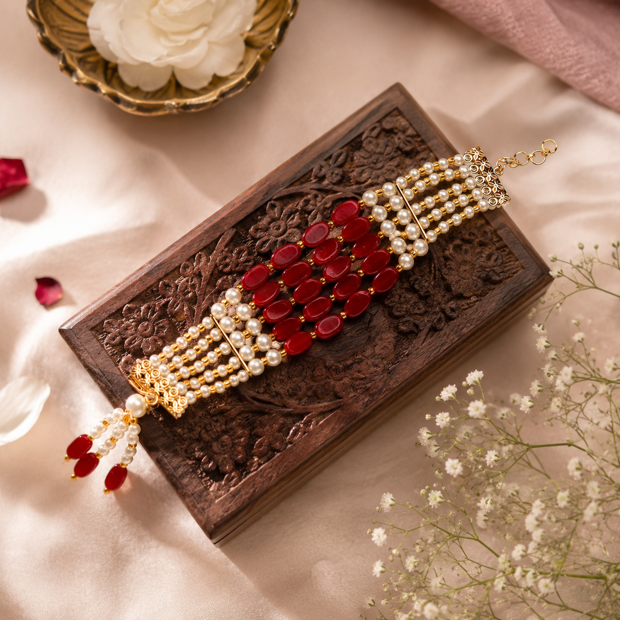 Traditional Red Beaded Pearl Adjustable Bracelet for Women | Handmade Ethnic Gold-Tone Multi-Strand Bracelet | Festive & Wedding Jewelry