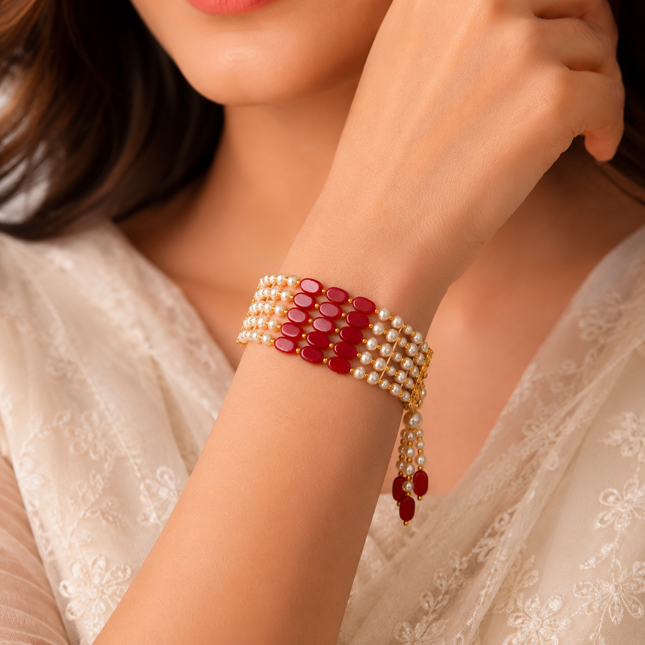 Traditional Red Beaded Pearl Adjustable Bracelet for Women | Handmade Ethnic Gold-Tone Multi-Strand Bracelet | Festive & Wedding Jewelry
