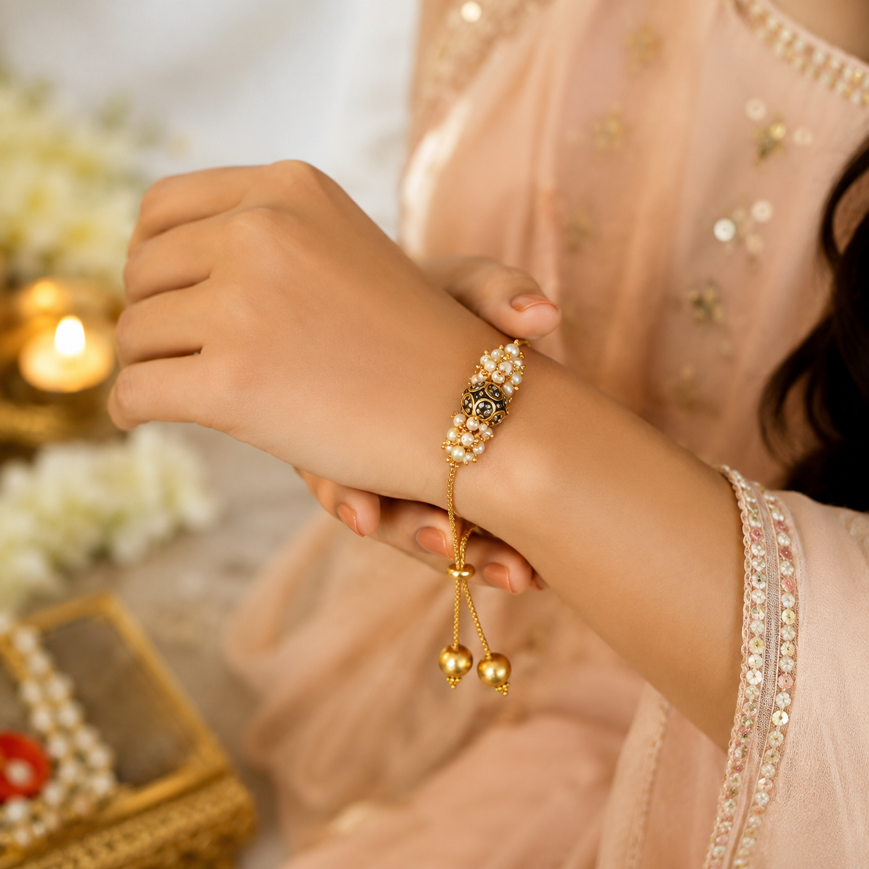 Abhaah Bhaiya Bhabhi Rakhi Set with Pearl & Antique Gold Beads | Adjustable Designer Rakhi Bracelet Set for Brother & Bhabhi | Raksha Bandhan Gift