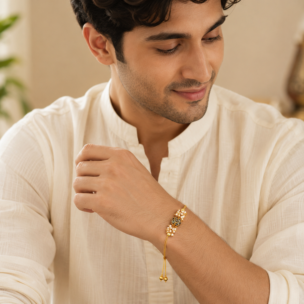 Abhaah Bhaiya Bhabhi Rakhi Set with Pearl & Antique Gold Beads | Adjustable Designer Rakhi Bracelet Set for Brother & Bhabhi | Raksha Bandhan Gift