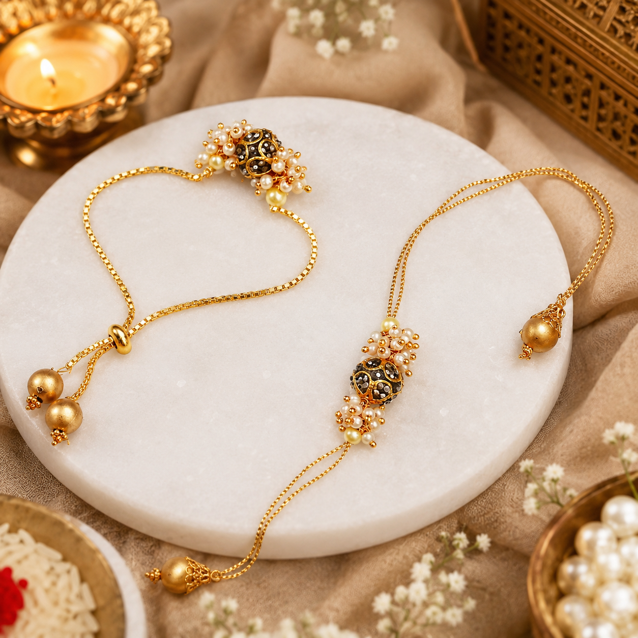 Abhaah Bhaiya Bhabhi Rakhi Set with Pearl & Antique Gold Beads | Adjustable Designer Rakhi Bracelet Set for Brother & Bhabhi | Raksha Bandhan Gift