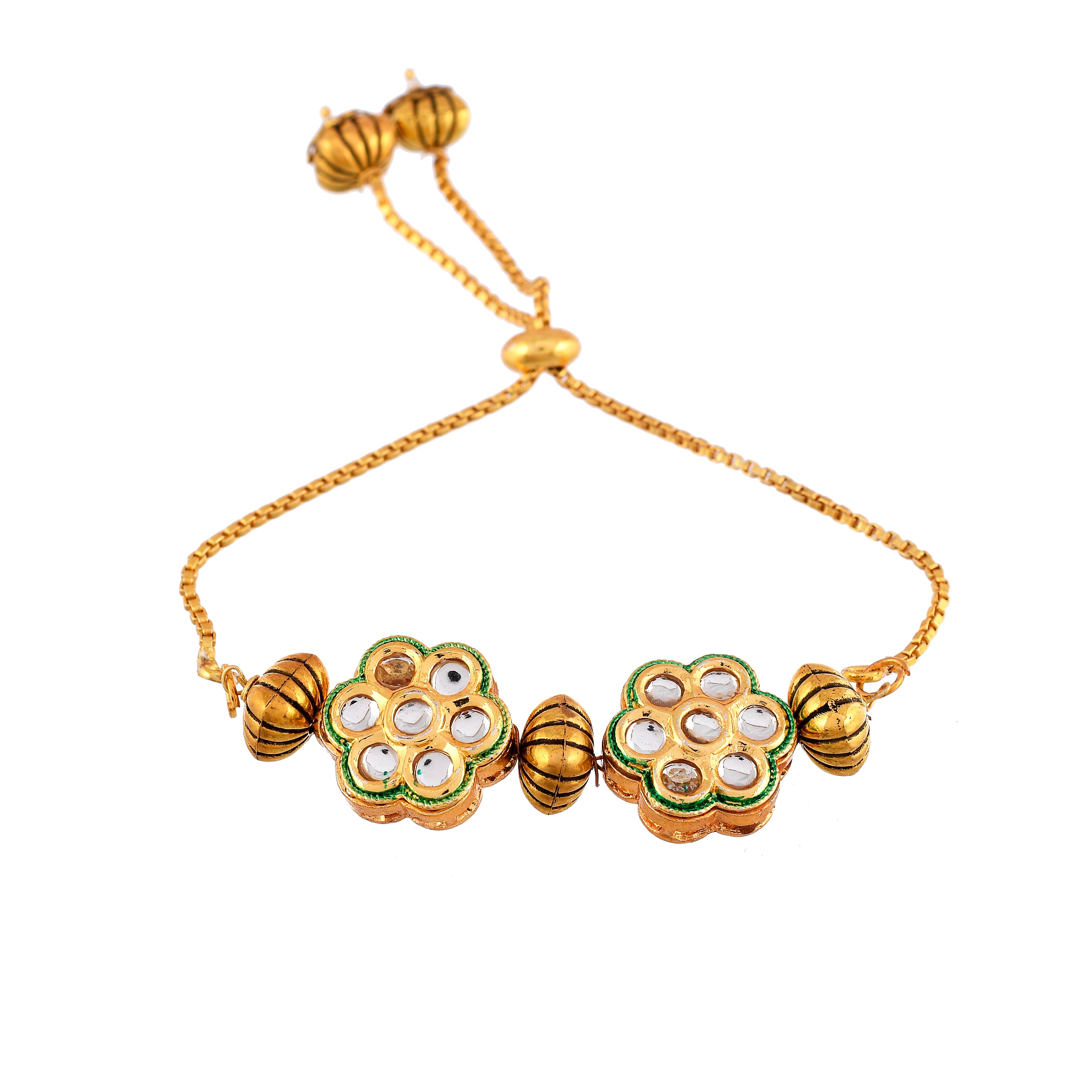 Designer Kundan Flower Rakhi Bracelet – Adjustable Gold-Plated Meenakari Rakhi for Brother