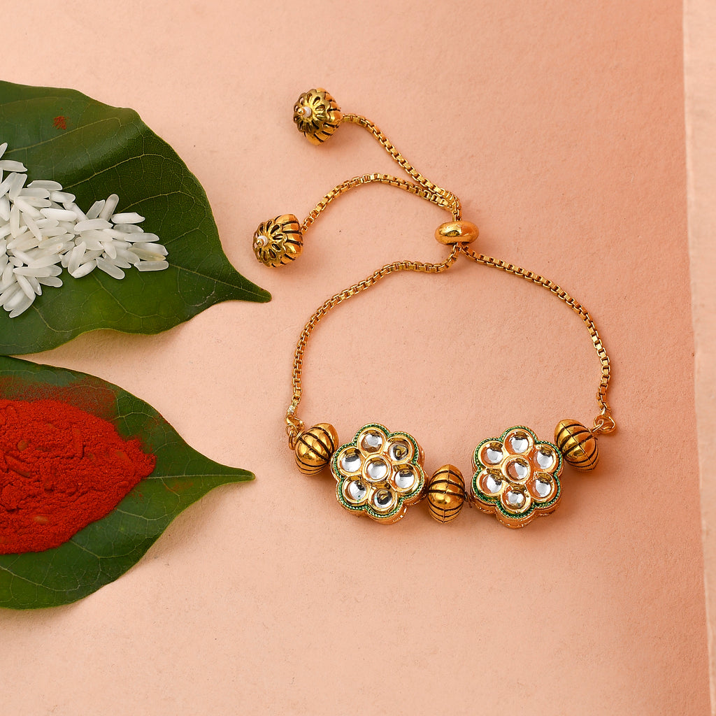 Designer Kundan Flower Rakhi Bracelet – Adjustable Gold-Plated Meenakari Rakhi for Brother
