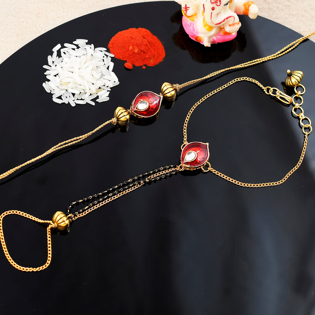 Premium Kundan & Red Meenakari Bhai Bhabhi Rakhi Set | Traditional Hathphool Lumba Bracelet with Matching Brother Rakhi