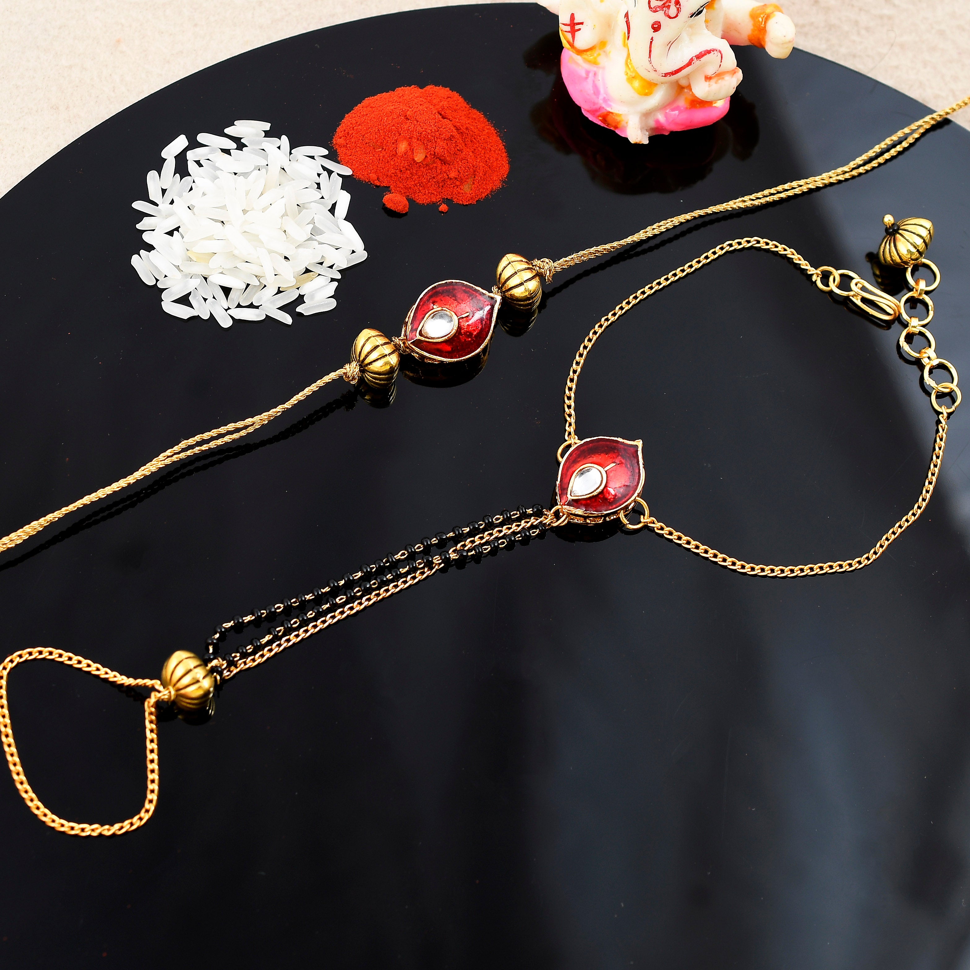 Premium Kundan & Red Meenakari Bhai Bhabhi Rakhi Set | Traditional Hathphool Lumba Bracelet with Matching Brother Rakhi