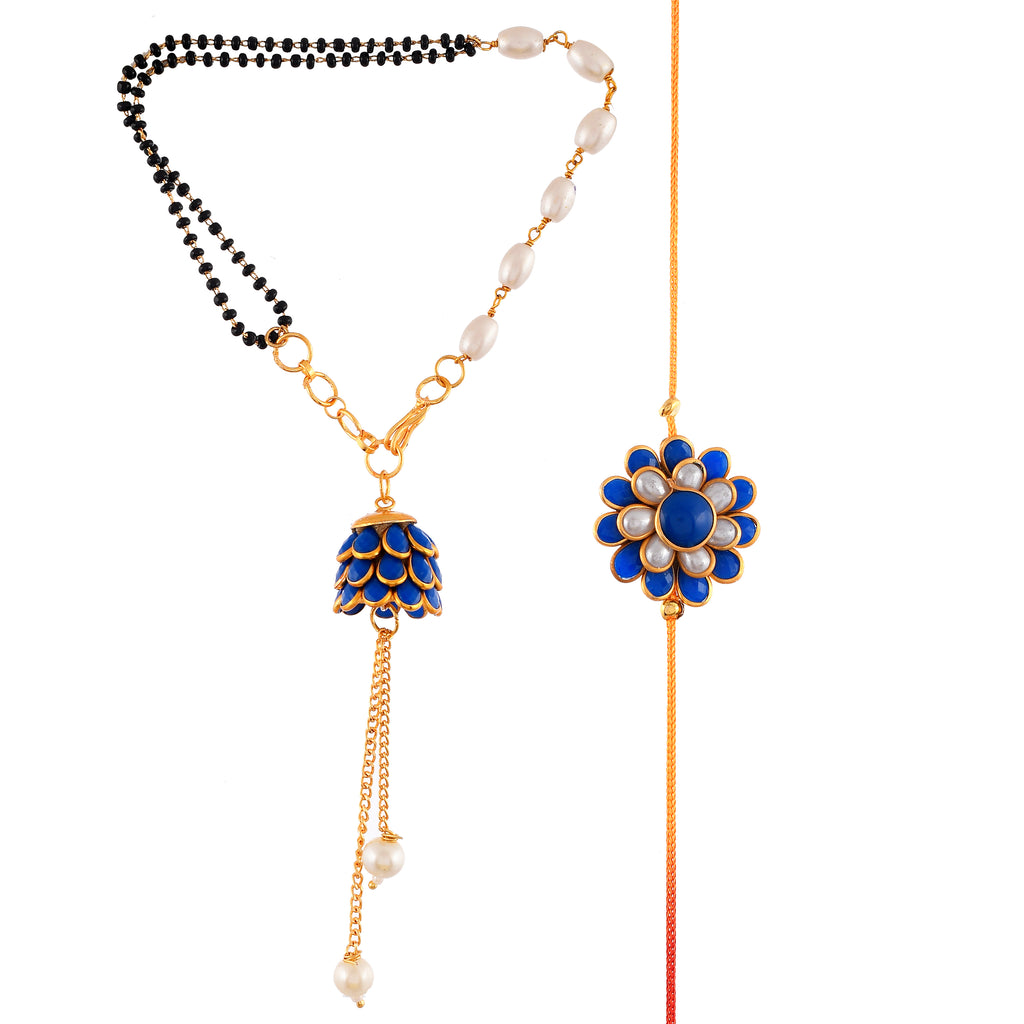 Designer Blue Floral Rakhi & Matching Lumba Bracelet Set (Pack of 2)
