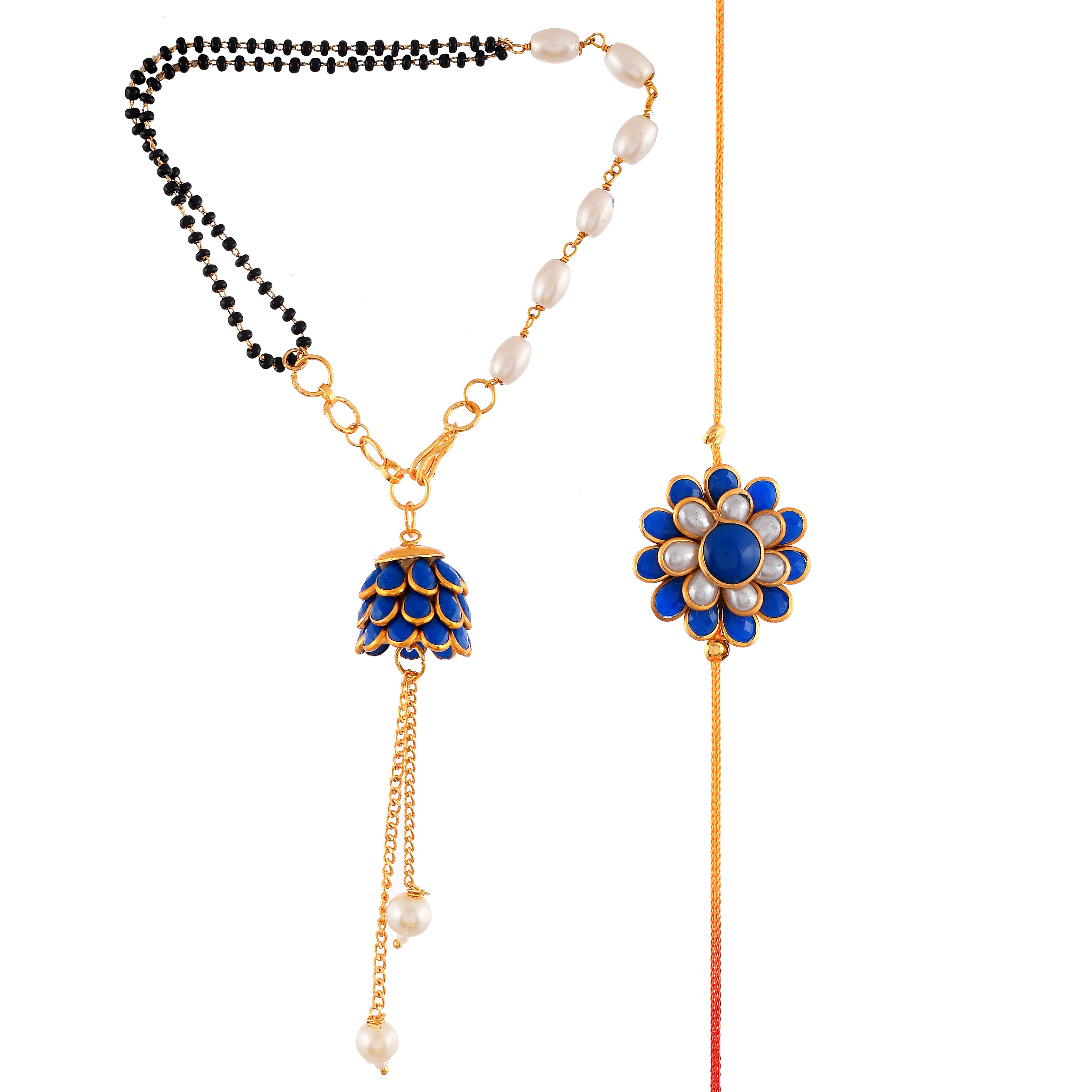 Designer Blue Floral Rakhi & Matching Lumba Bracelet Set (Pack of 2)
