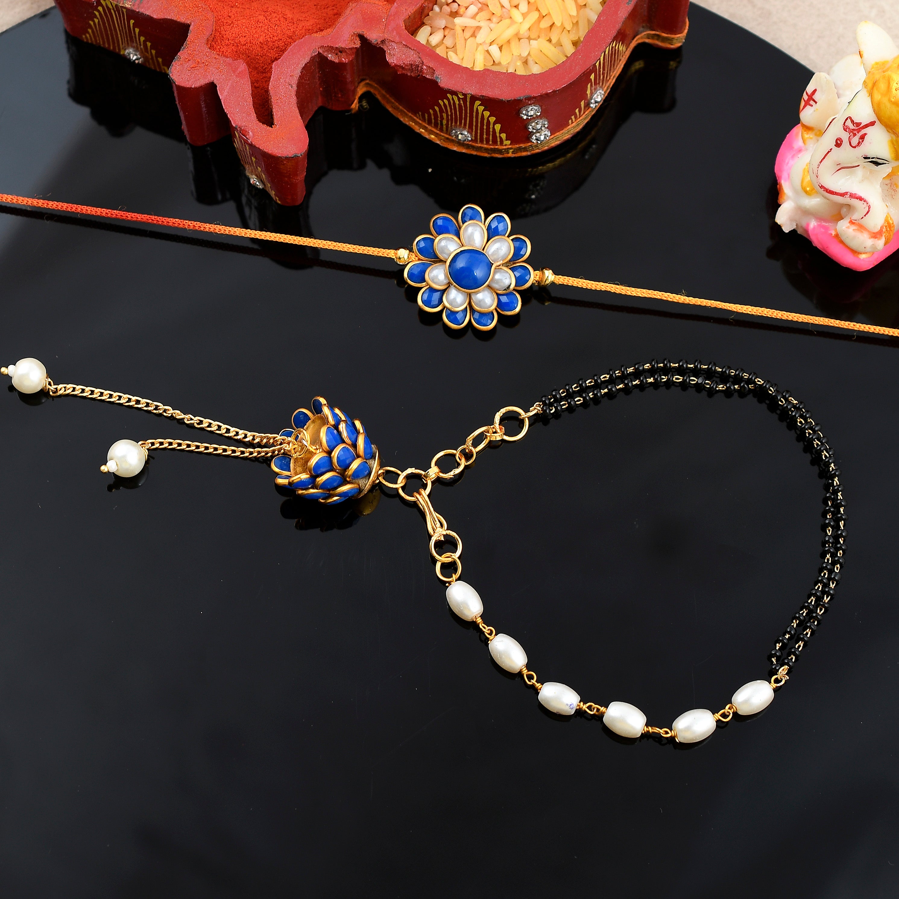 Designer Blue Floral Rakhi & Matching Lumba Bracelet Set (Pack of 2)