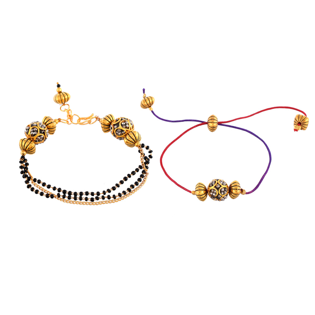 Elegant Rakhi & Lumba Set for Bhaiya Bhabhi – Designer Gold Bracelet & Thread Rakhi Combo