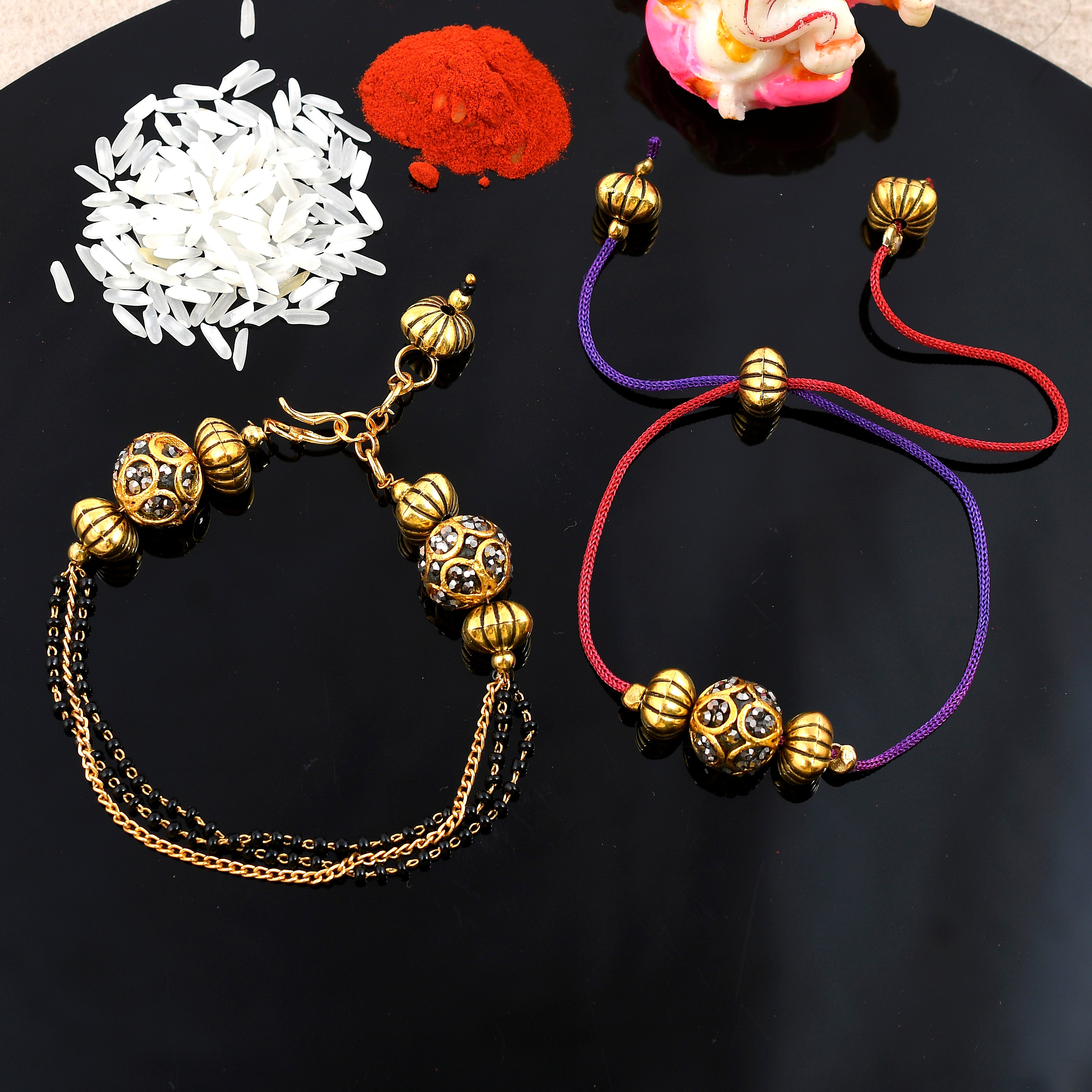 Elegant Rakhi & Lumba Set for Bhaiya Bhabhi – Designer Gold Bracelet & Thread Rakhi Combo