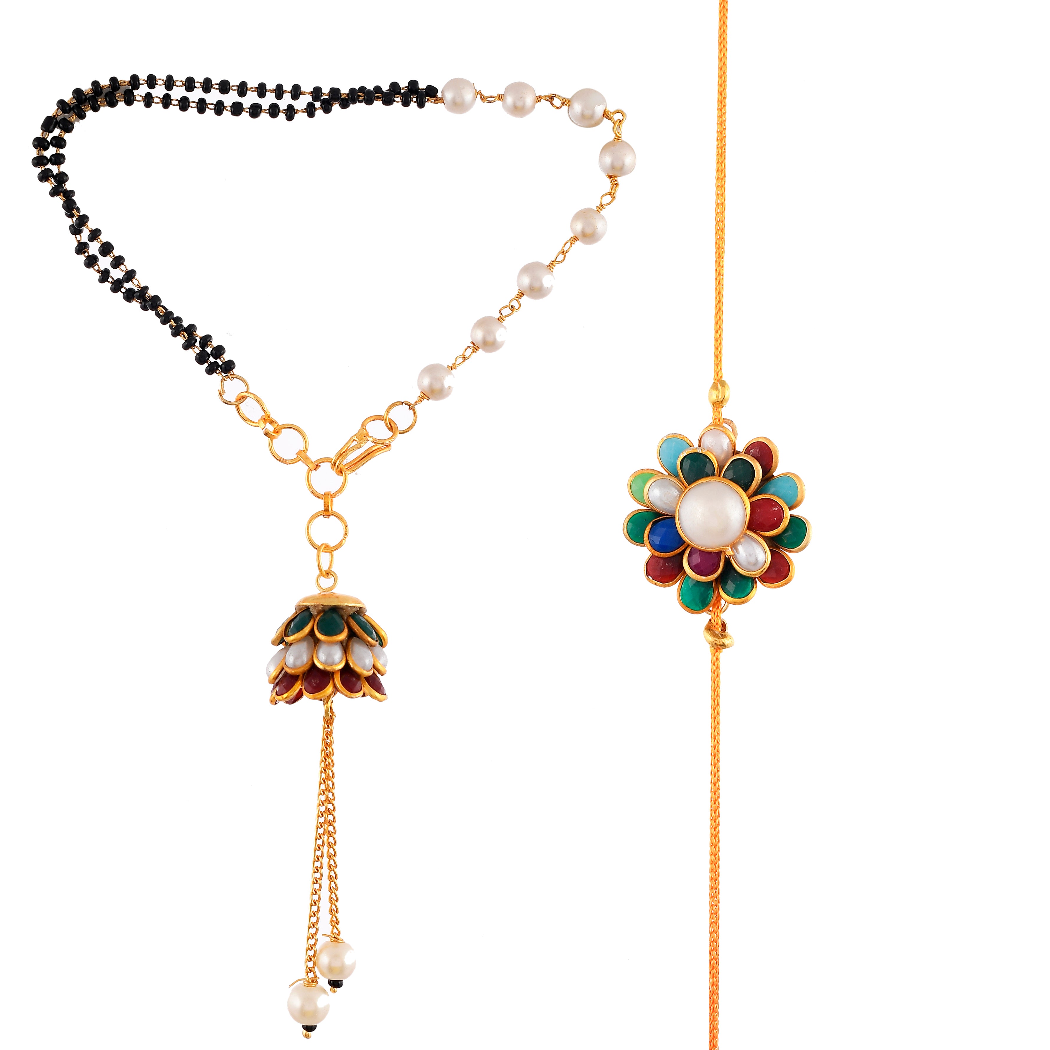 Designer Rakhi Set for Bhaiya Bhabhi – Premium Flower Thread Rakhi & Elegant Pearl Lumba Bracelet Set