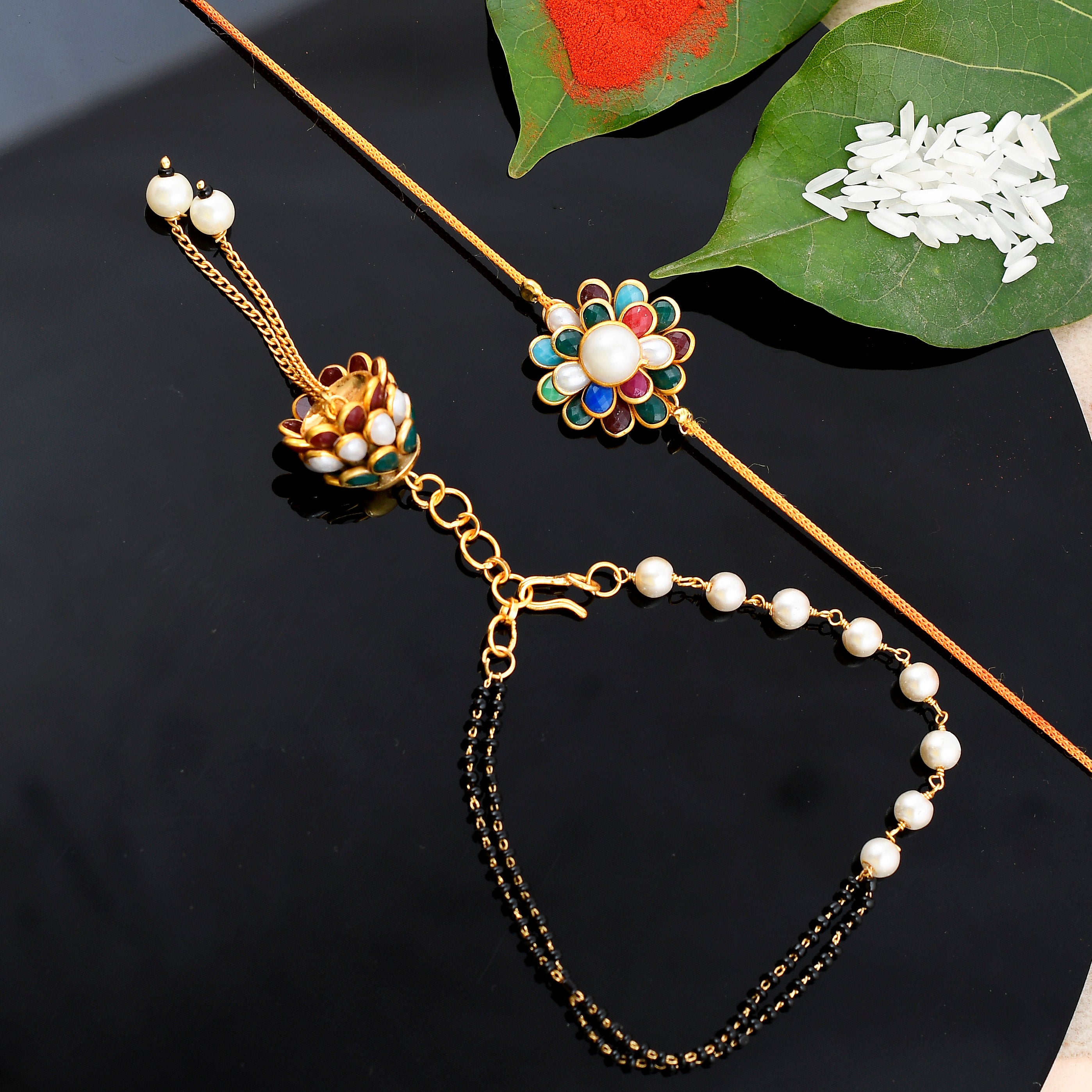 Designer Rakhi Set for Bhaiya Bhabhi – Premium Flower Thread Rakhi & Elegant Pearl Lumba Bracelet Set