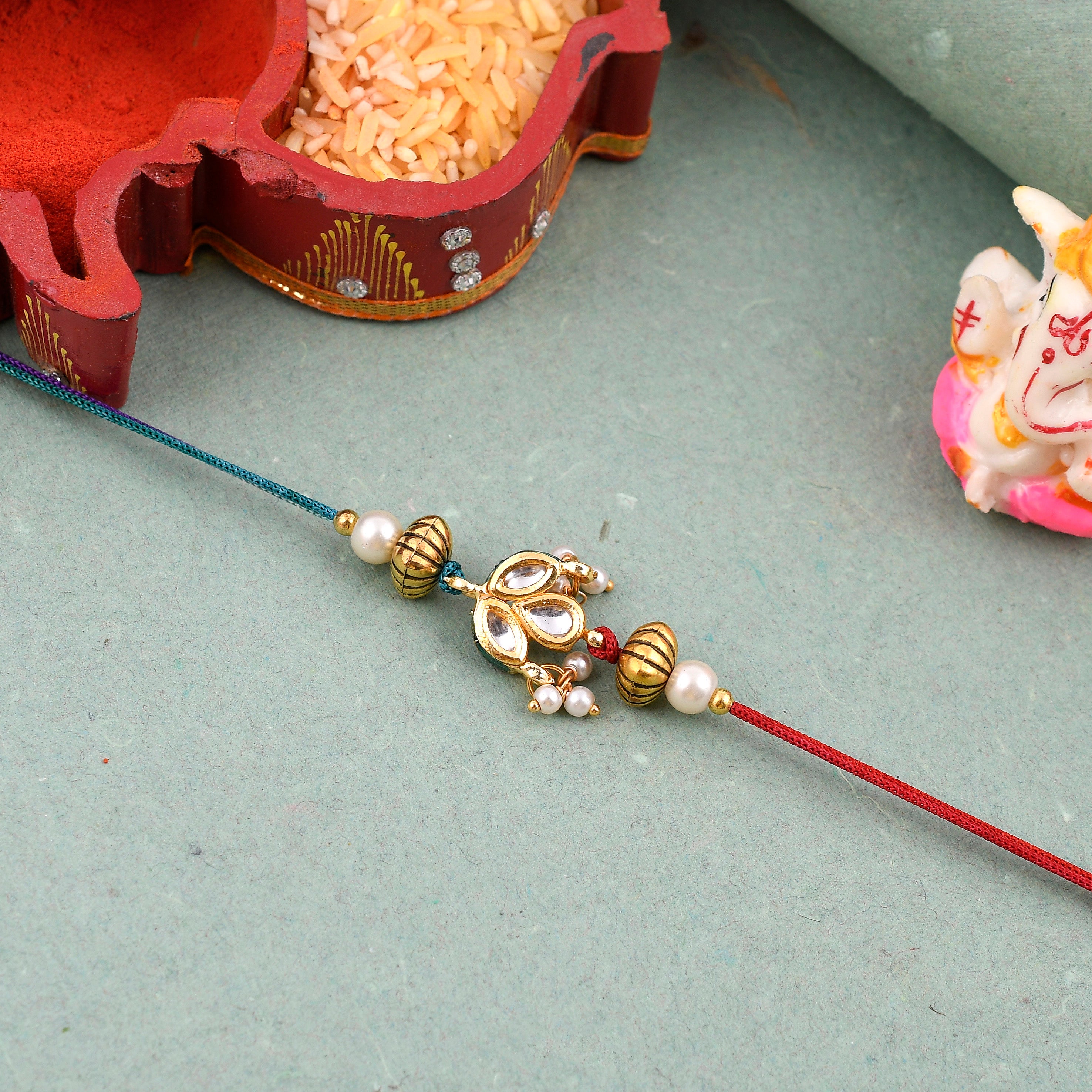 Premium Floral Kundan Rakhi with Pearl Accents | Traditional Handcrafted Designer Rakhi for Brother