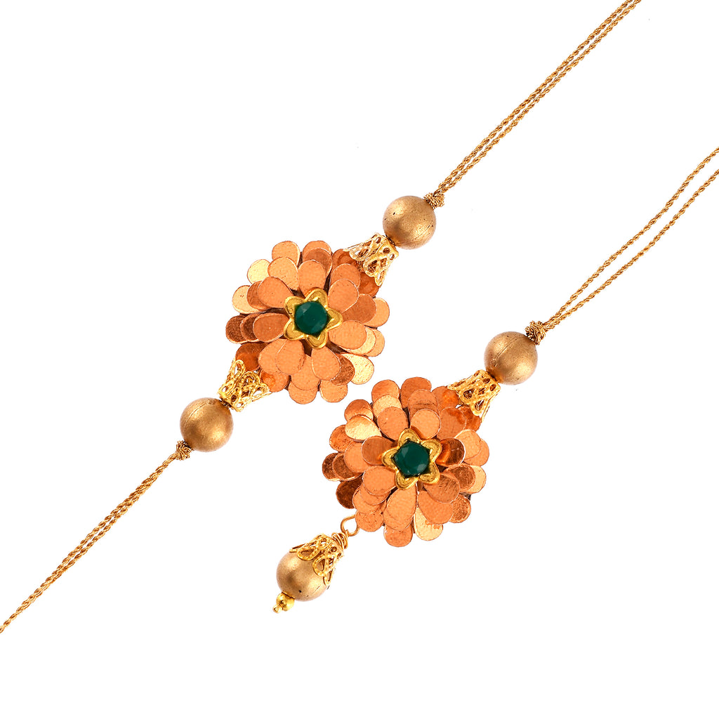Handcrafted Gota Patti Flower Bhaiya Bhabhi Rakhi Set – Elegant Floral Rakhi & Lumba Set with Green Emerald Stone Accent for Raksha Bandhan