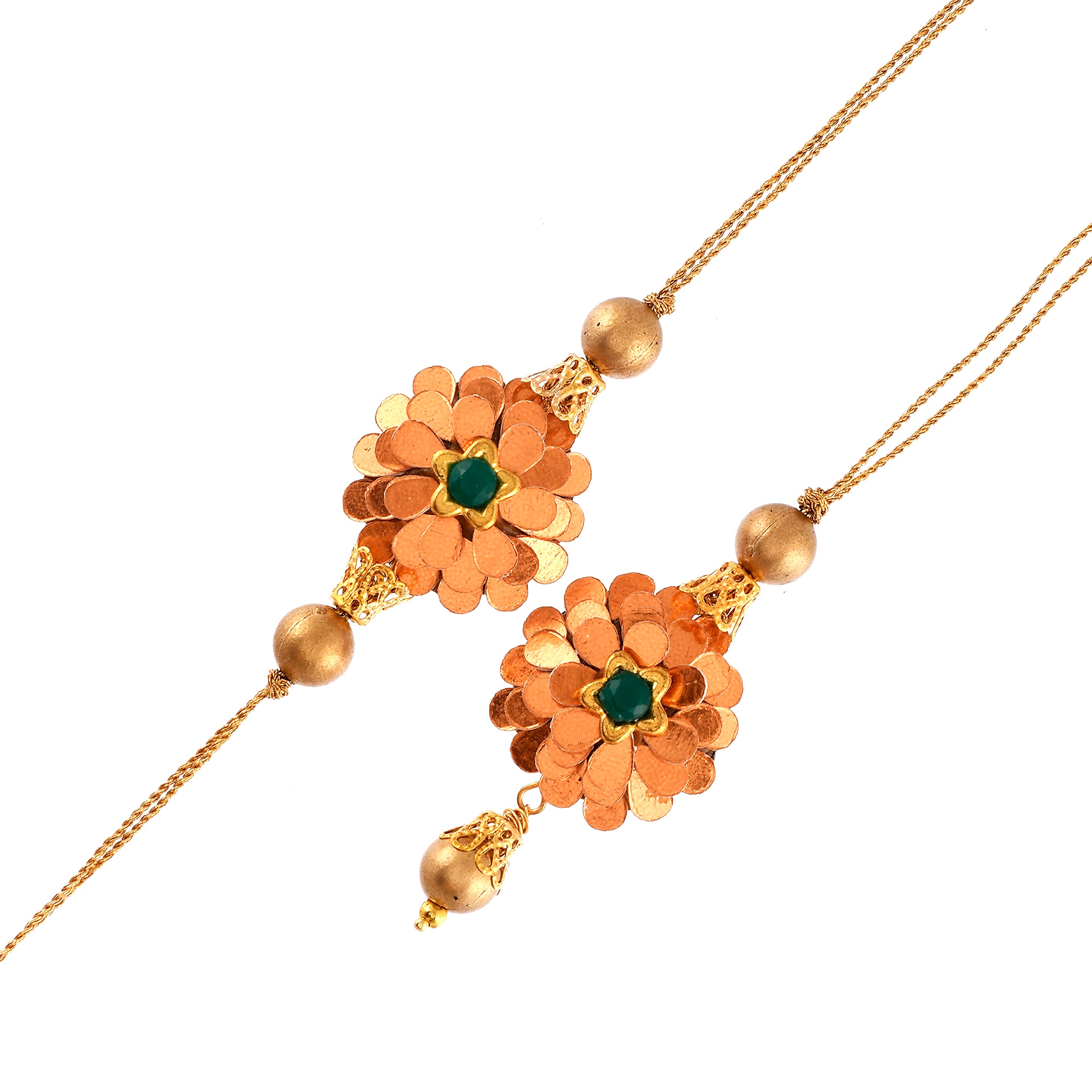 Handcrafted Gota Patti Flower Bhaiya Bhabhi Rakhi Set – Elegant Floral Rakhi & Lumba Set with Green Emerald Stone Accent for Raksha Bandhan