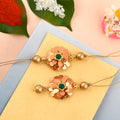 Handcrafted Gota Patti Flower Bhaiya Bhabhi Rakhi Set – Elegant Floral Rakhi & Lumba Set with Green Emerald Stone Accent for Raksha Bandhan
