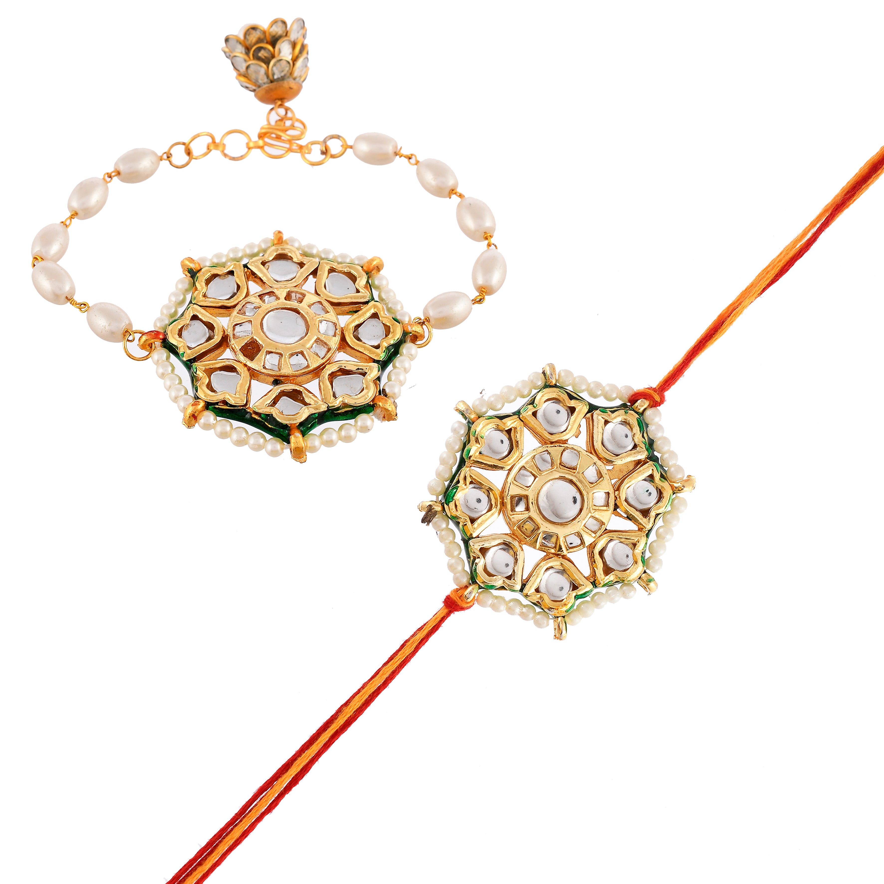 Designer Bhaiya Bhabhi Rakhi Set - Matching Kundan & Pearl Lumba Rakhi for Brother and Sister-in-Law