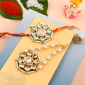 Designer Bhaiya Bhabhi Rakhi Set - Matching Kundan & Pearl Lumba Rakhi for Brother and Sister-in-Law