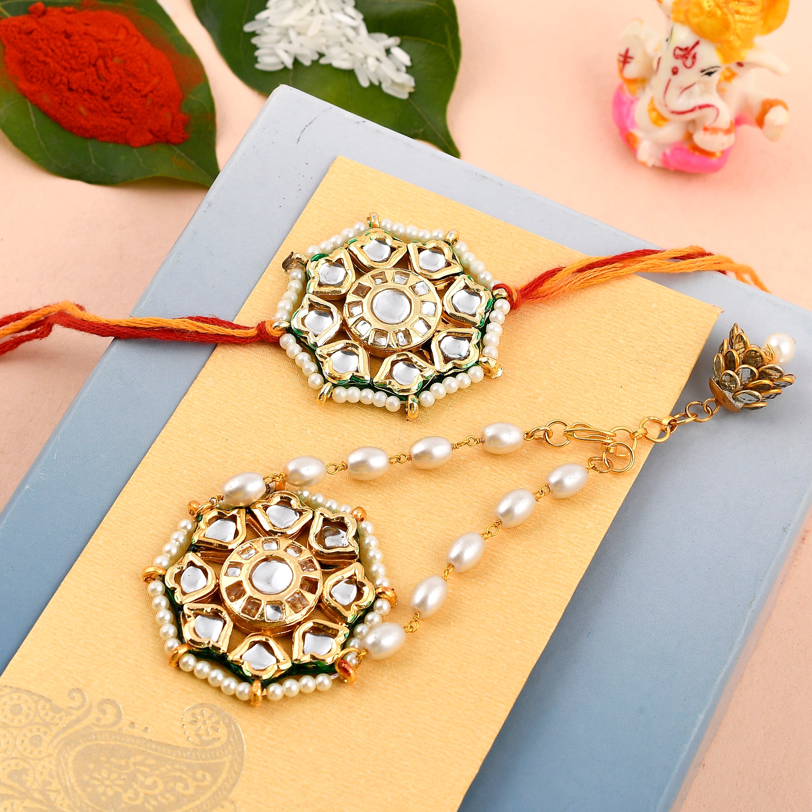 Designer Bhaiya Bhabhi Rakhi Set - Matching Kundan & Pearl Lumba Rakhi for Brother and Sister-in-Law