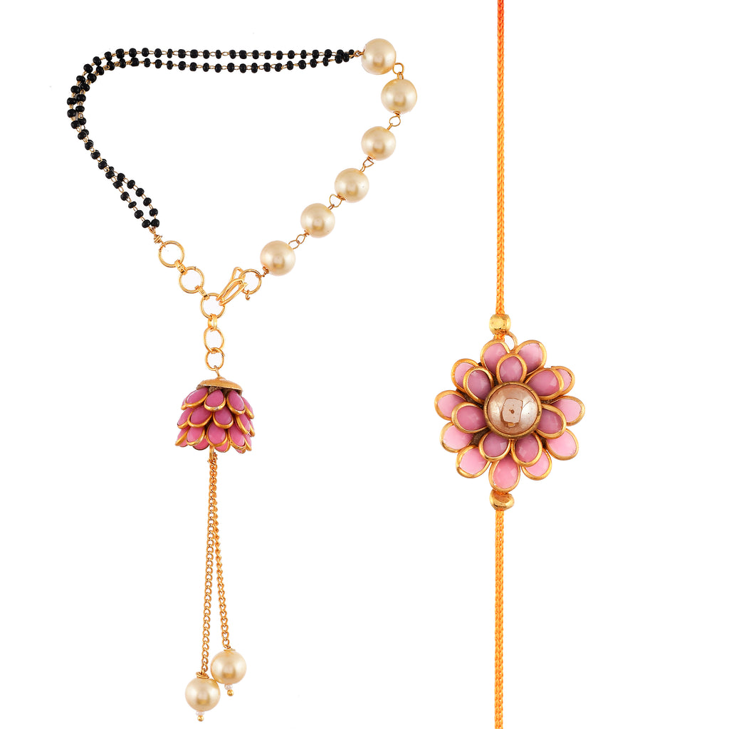Elegant Bhaiya Bhabhi Rakhi Set - Pink Floral Thread Rakhi & Pearl Lumba Bracelet Combo