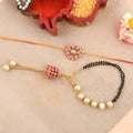 Elegant Bhaiya Bhabhi Rakhi Set - Pink Floral Thread Rakhi & Pearl Lumba Bracelet Combo