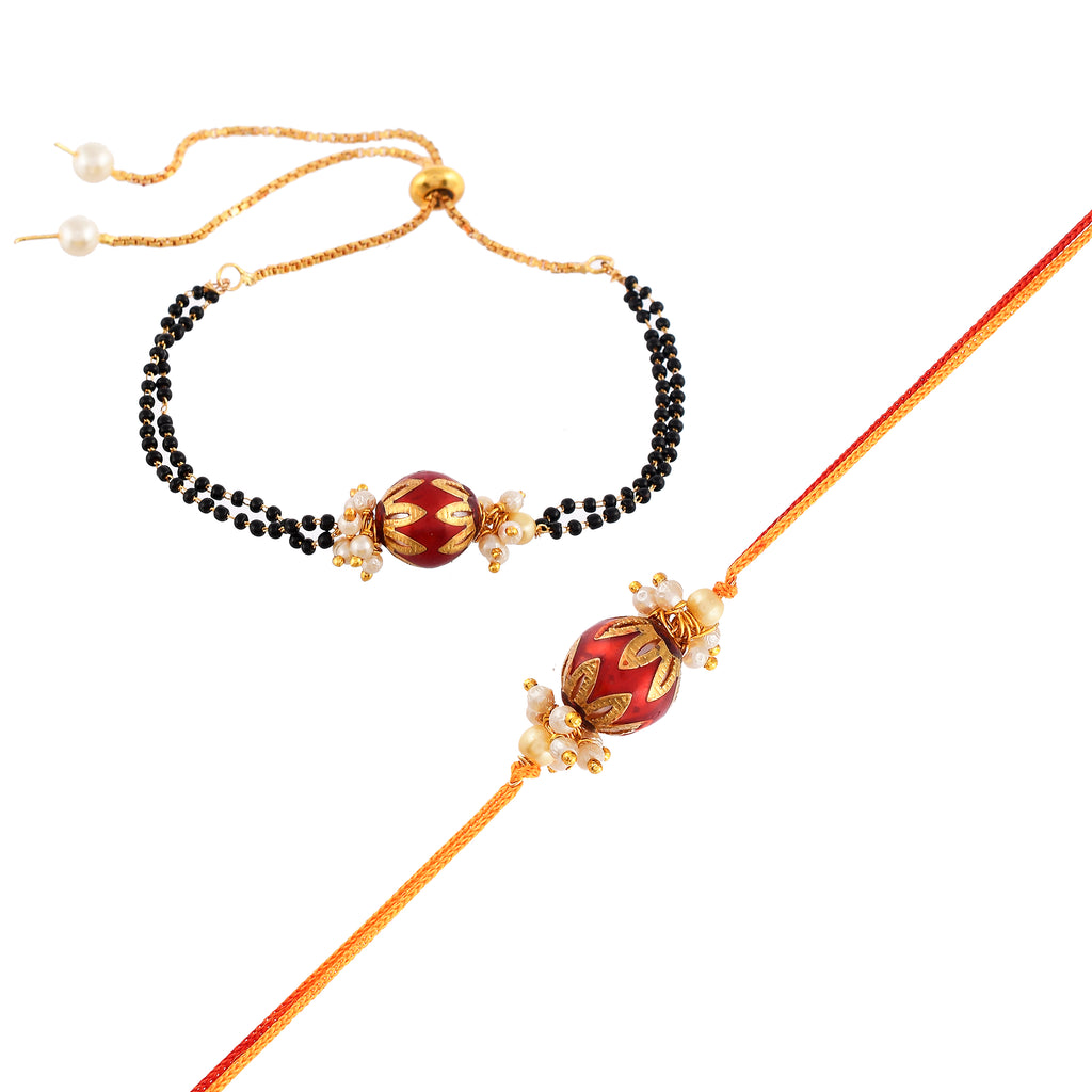 Elegant Red & Gold Bead Rakhi and Lumba Set – Traditional Indian Raksha Bandhan Gift