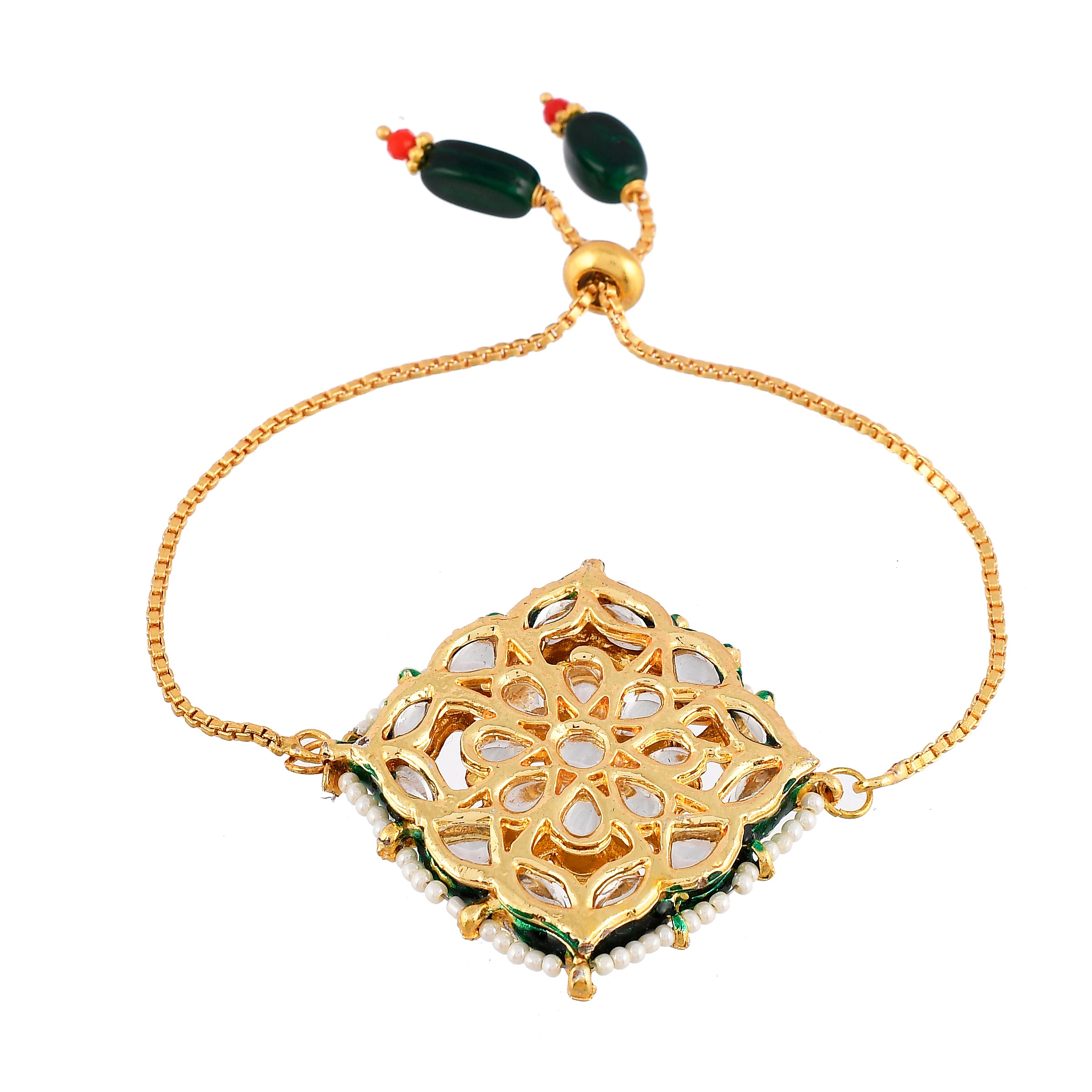 Handcrafted Kundan & Pearl Adjustable Rakhi Bracelet – Premium Festive Gift