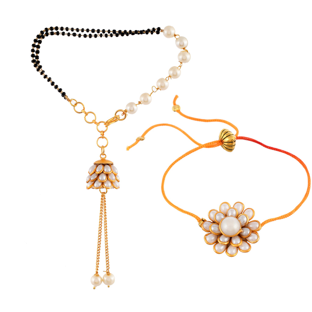 Elegant Pearl & Black Bead Mangalsutra Bracelet and Floral Rakhi Gift Set for Sister